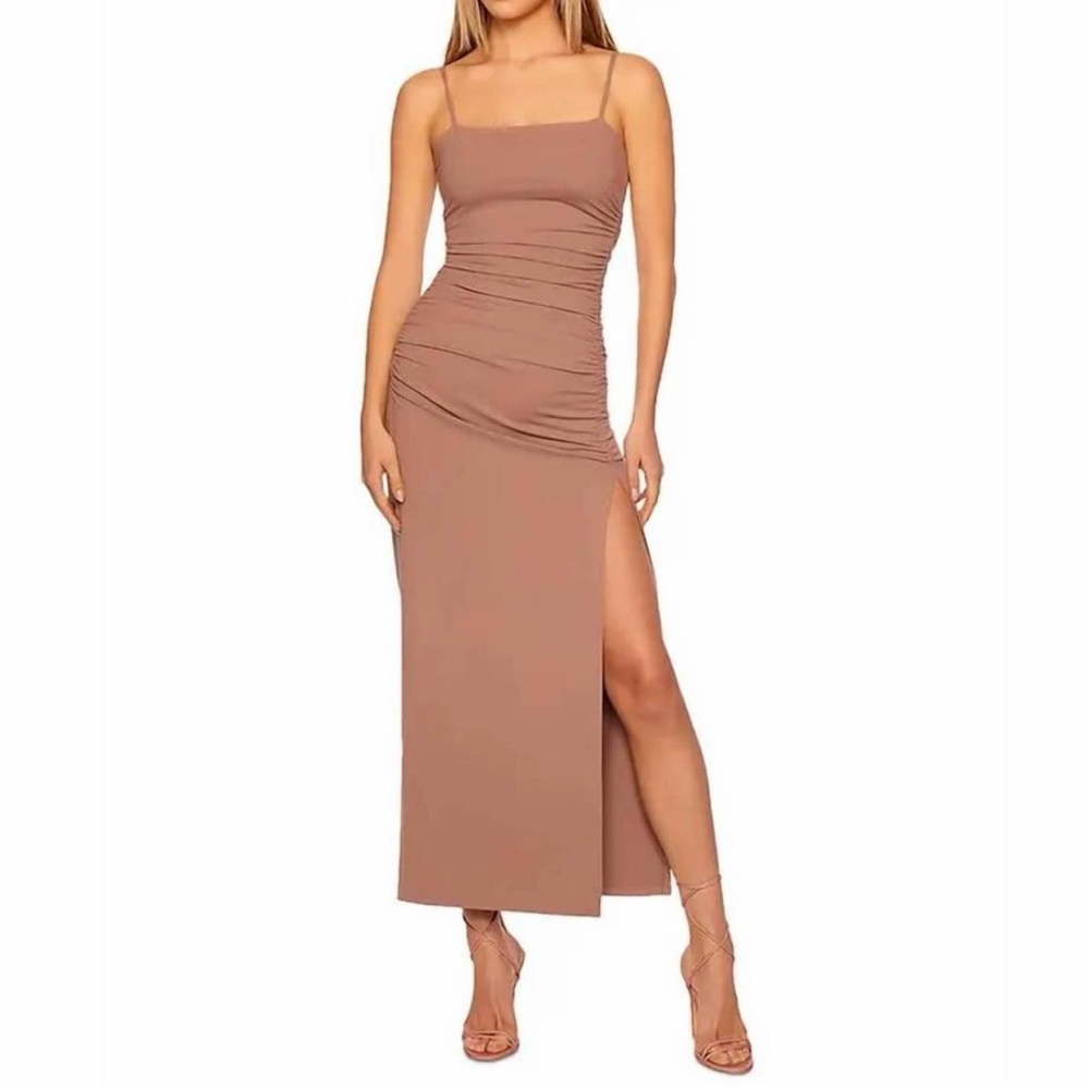 Susana Monaco Thin-Strap Ruched Slit Maxi Dress